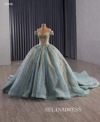 Luxury Off-the-shouler Blue Ball Gown Beaded Prom Dress Quincess Dress 251108|Selinadress
