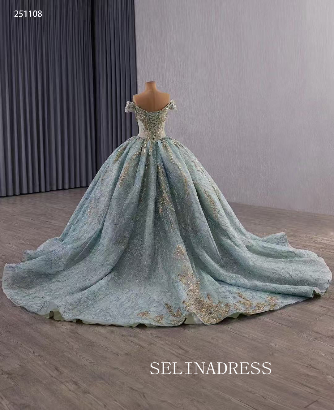Luxury Off-the-shouler Blue Ball Gown Beaded Prom Dress Quincess Dress 251108|Selinadress