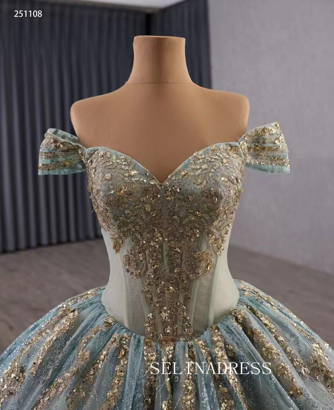 Luxury Off-the-shouler Blue Ball Gown Beaded Prom Dress Quincess Dress 251108|Selinadress