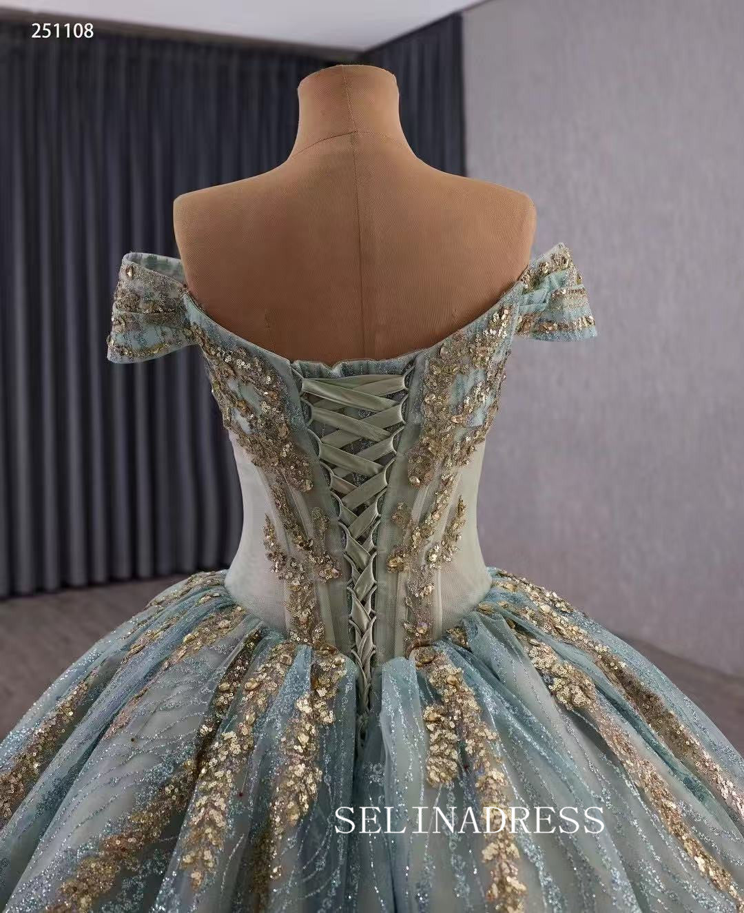 Luxury Off-the-shouler Blue Ball Gown Beaded Prom Dress Quincess Dress 251108|Selinadress