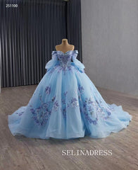 Luxury Off-the-shouler Blue Ball Gown With Long Sleeve Prom Dress Quincess Dress 251100|Selinadress