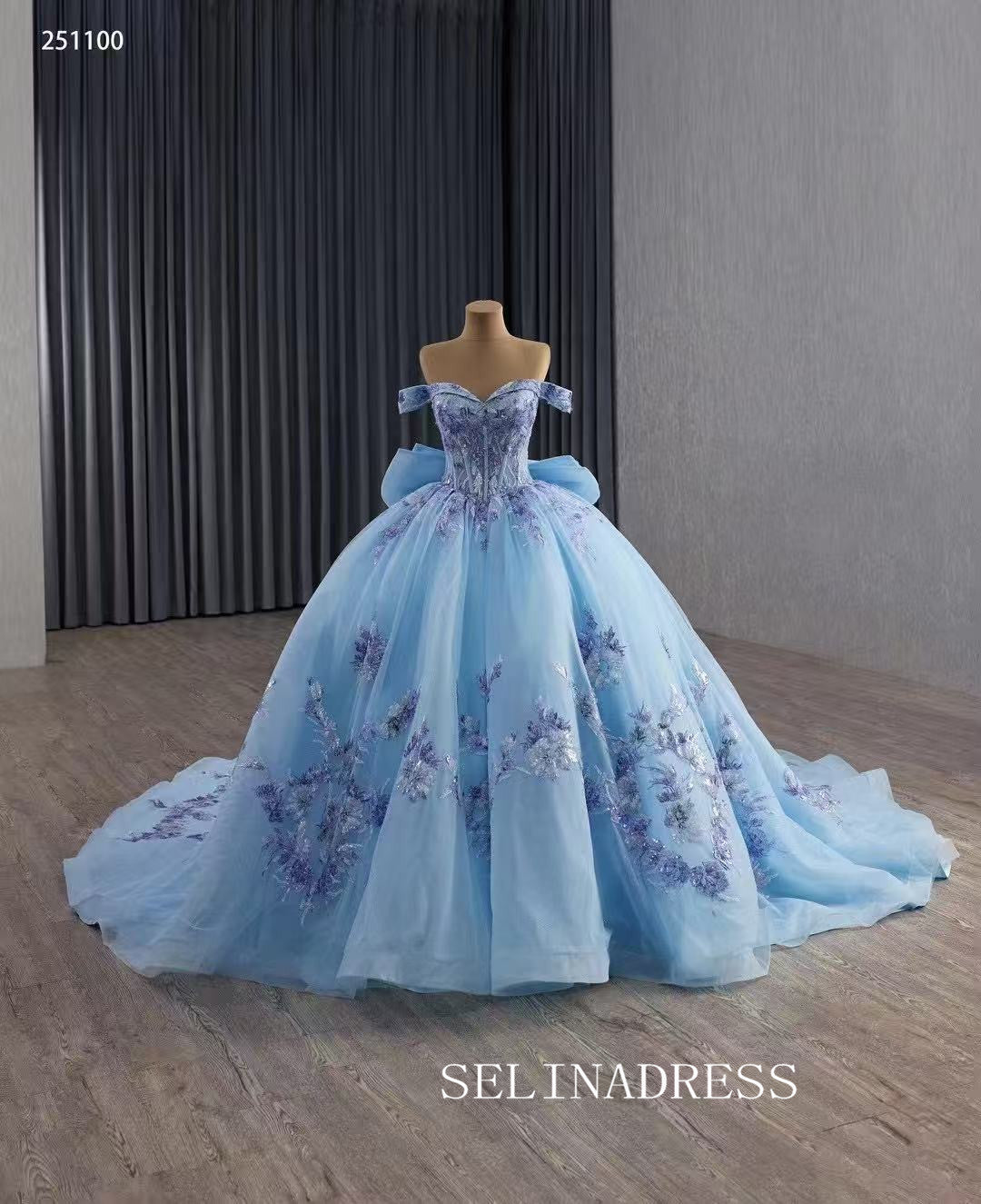 Luxury Off-the-shouler Blue Ball Gown With Long Sleeve Prom Dress Quincess Dress 251100|Selinadress