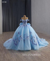 Luxury Off-the-shouler Blue Ball Gown With Long Sleeve Prom Dress Quincess Dress 251100|Selinadress