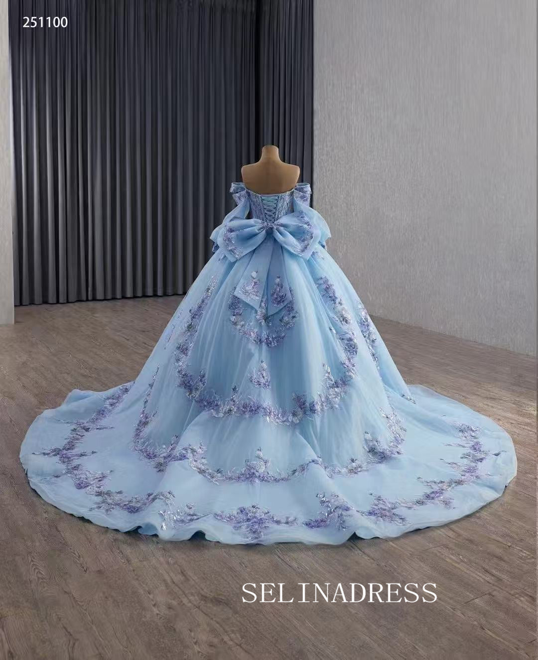 Luxury Off-the-shouler Blue Ball Gown With Long Sleeve Prom Dress Quincess Dress 251100|Selinadress