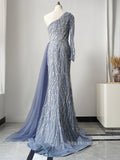 Luxury One Shoulder Elegant Long Sleeve Prom Dress Sparkly Beaded Long Evening Dress Formal Gown FUE012|Selinadress