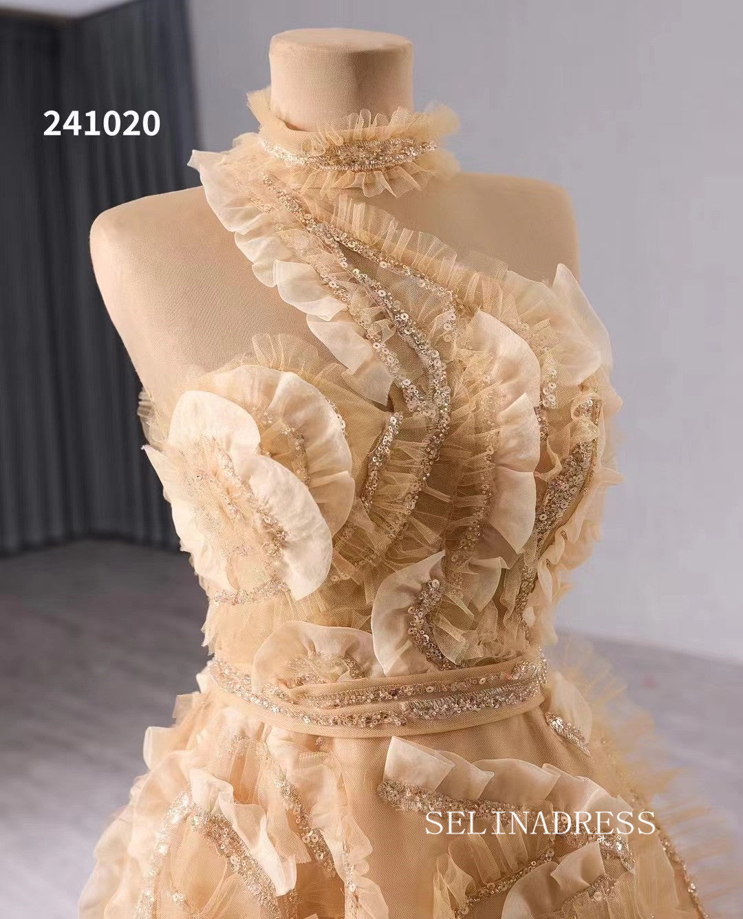 luxury One Shoulder High Neck Wedding Dresses Champagne Formal Gown 24 SELINADRESS luxury One Shoulder High Neck Wedding Dresses Champagne Formal Gown 24 SELINADRESS
