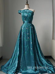 Luxury One Shoulder Long Prom Dress Beaded Blue Evening Gowns CRN011|Selinadress