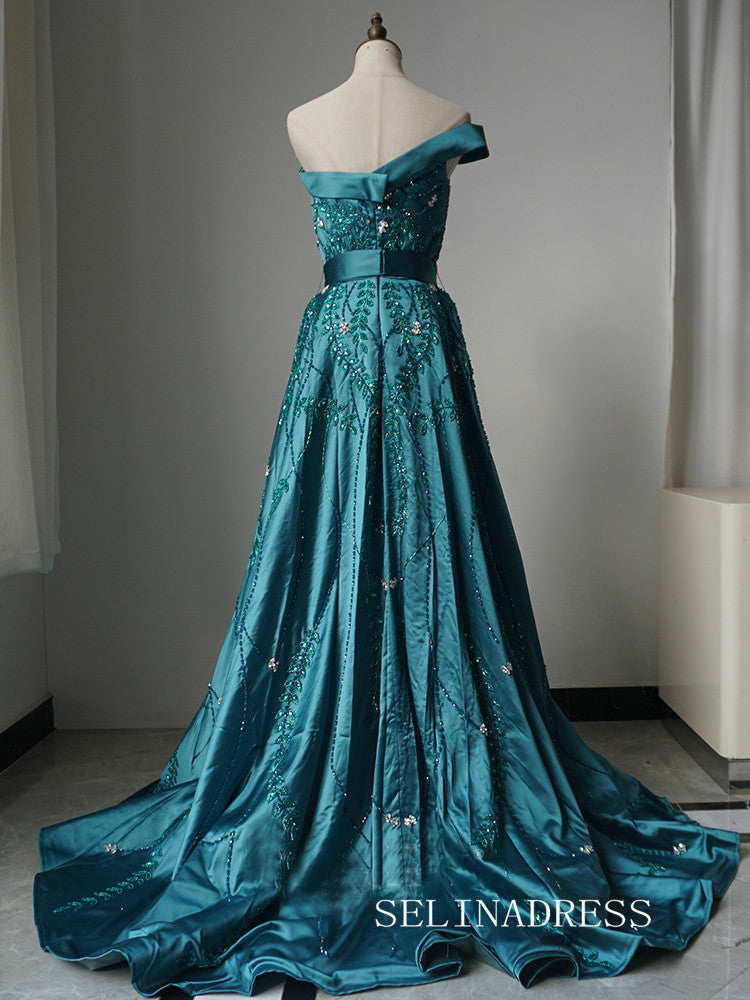 Luxury One Shoulder Long Prom Dress Beaded Blue Evening Gowns CRN011|Selinadress