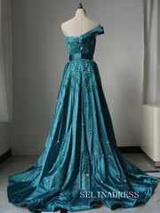 Luxury One Shoulder Long Prom Dress Beaded Blue Evening Gowns CRN011|Selinadress