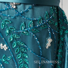 Luxury One Shoulder Long Prom Dress Beaded Blue Evening Gowns CRN011|Selinadress