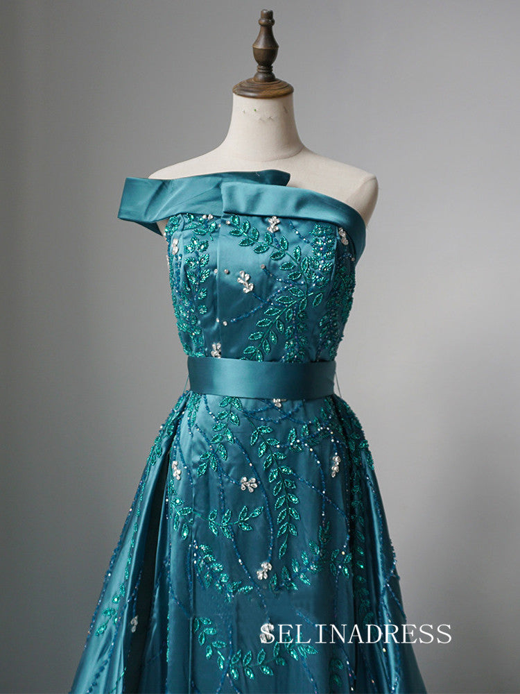 Luxury One Shoulder Long Prom Dress Beaded Blue Evening Gowns CRN011|Selinadress