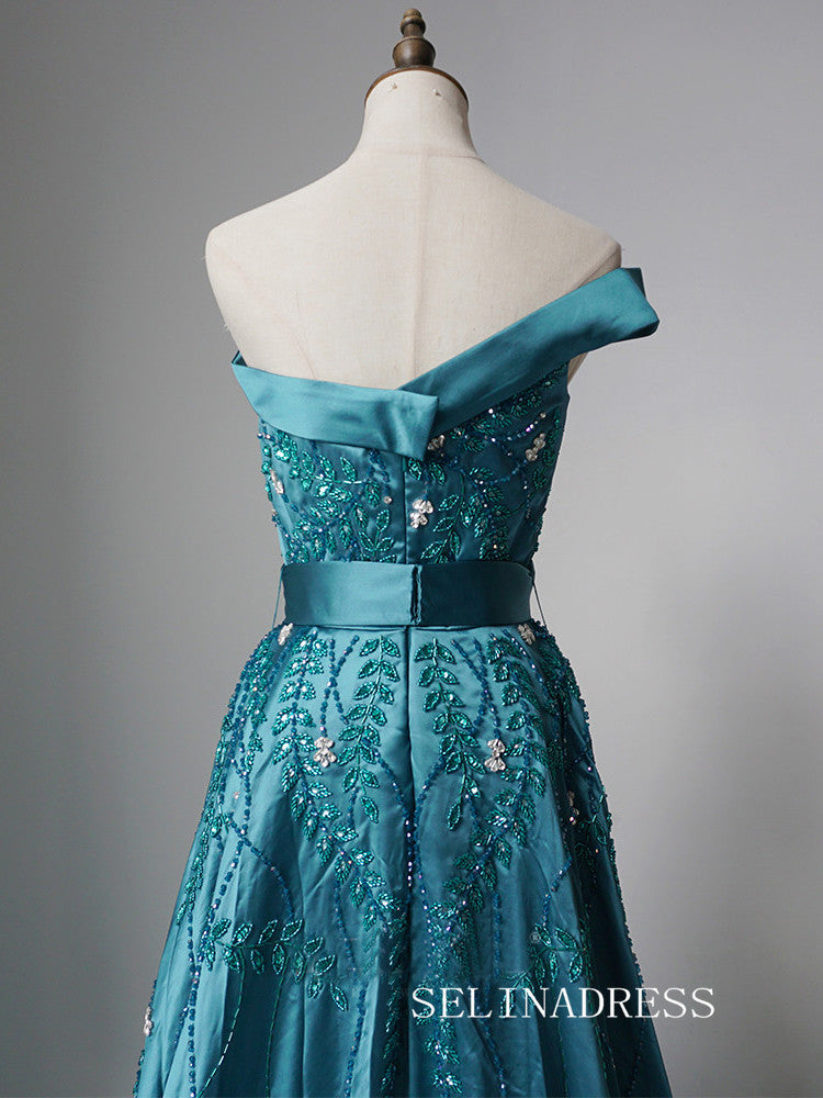 Luxury One Shoulder Long Prom Dress Beaded Blue Evening Gowns CRN011|Selinadress