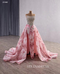 luxury Pink Floral Beaded Wedding Dresses With Overskirt Strapless Pageant Dress 251080|Selinadress
