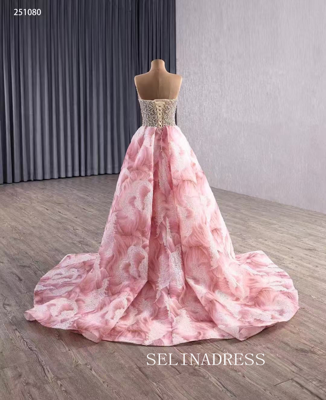 luxury Pink Floral Beaded Wedding Dresses With Overskirt Strapless Pageant Dress 251080|Selinadress