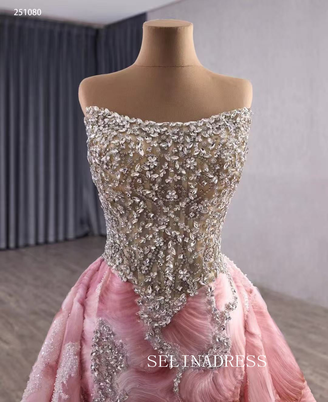 luxury Pink Floral Beaded Wedding Dresses With Overskirt Strapless Pageant Dress 251080|Selinadress