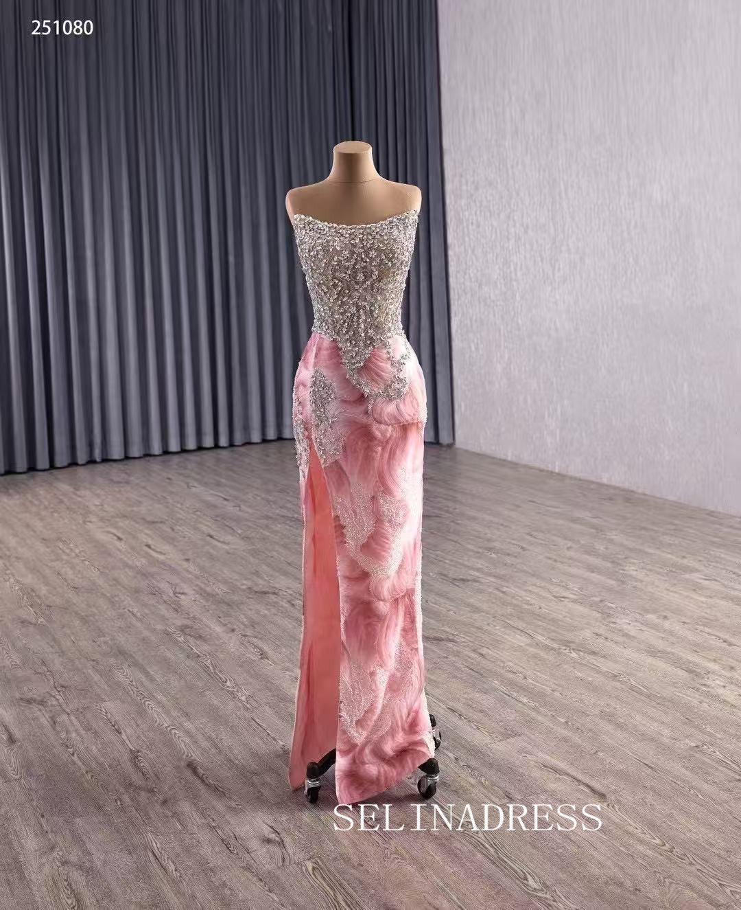 luxury Pink Floral Beaded Wedding Dresses With Overskirt Strapless Pageant Dress 251080|Selinadress