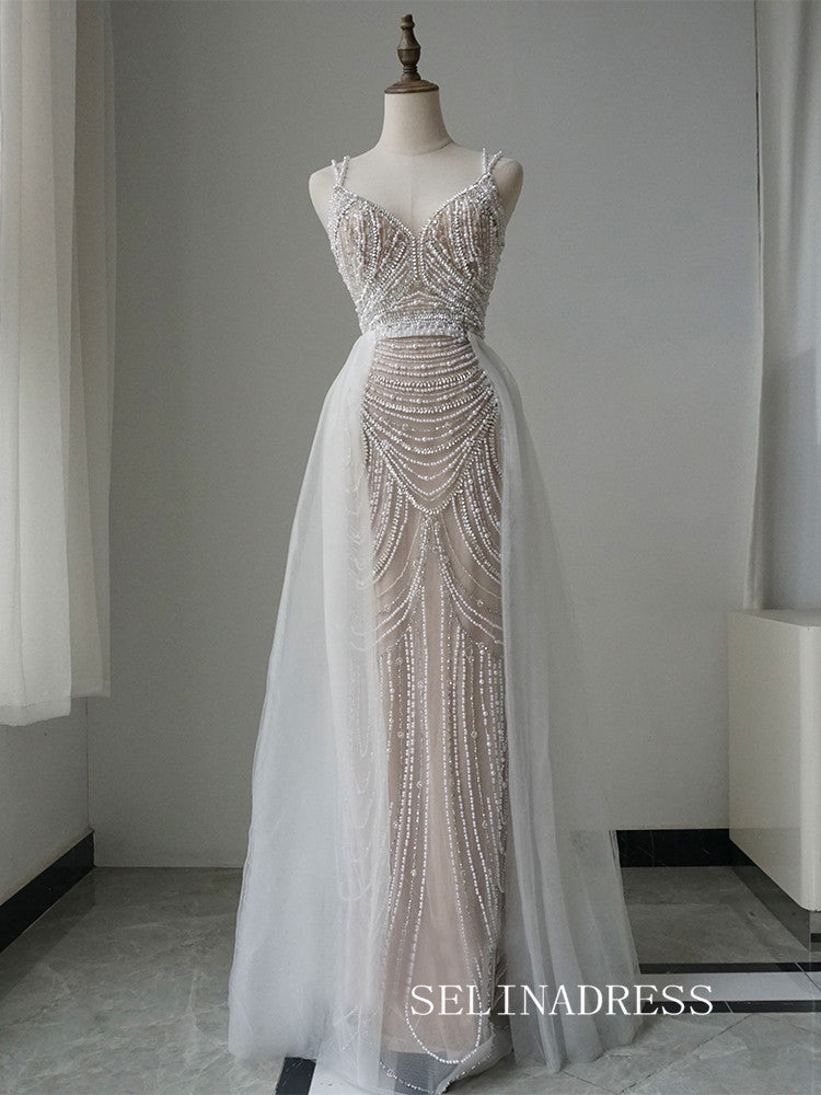 Luxury Spaghetti Straps Beaded Long Prom Dress With Skirt Elegant Evening Gowns CRN013|Selinadress