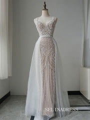 Luxury Spaghetti Straps Beaded Long Prom Dress With Skirt Elegant Evening Gowns CRN013|Selinadress