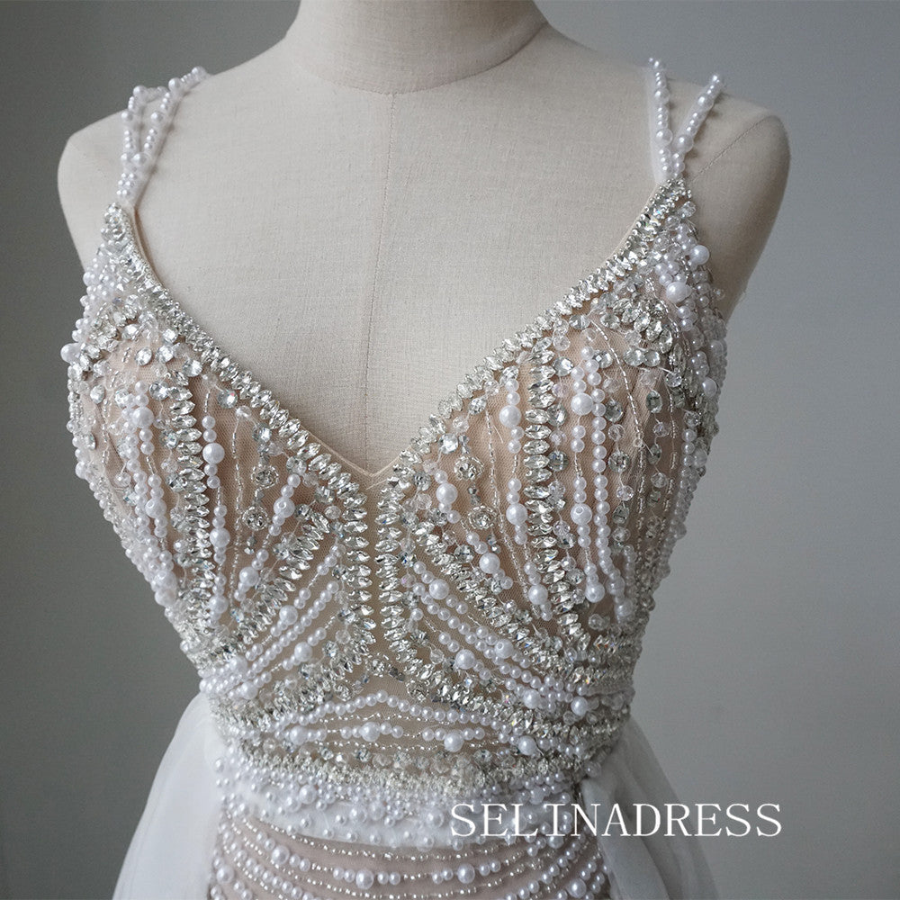 Luxury Spaghetti Straps Beaded Long Prom Dress With Skirt Elegant Evening Gowns CRN013|Selinadress