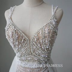 Luxury Spaghetti Straps Beaded Long Prom Dress With Skirt Elegant Evening Gowns CRN013|Selinadress