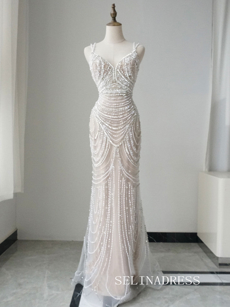 Luxury Spaghetti Straps Beaded Long Prom Dress With Skirt Elegant Evening Gowns CRN013|Selinadress
