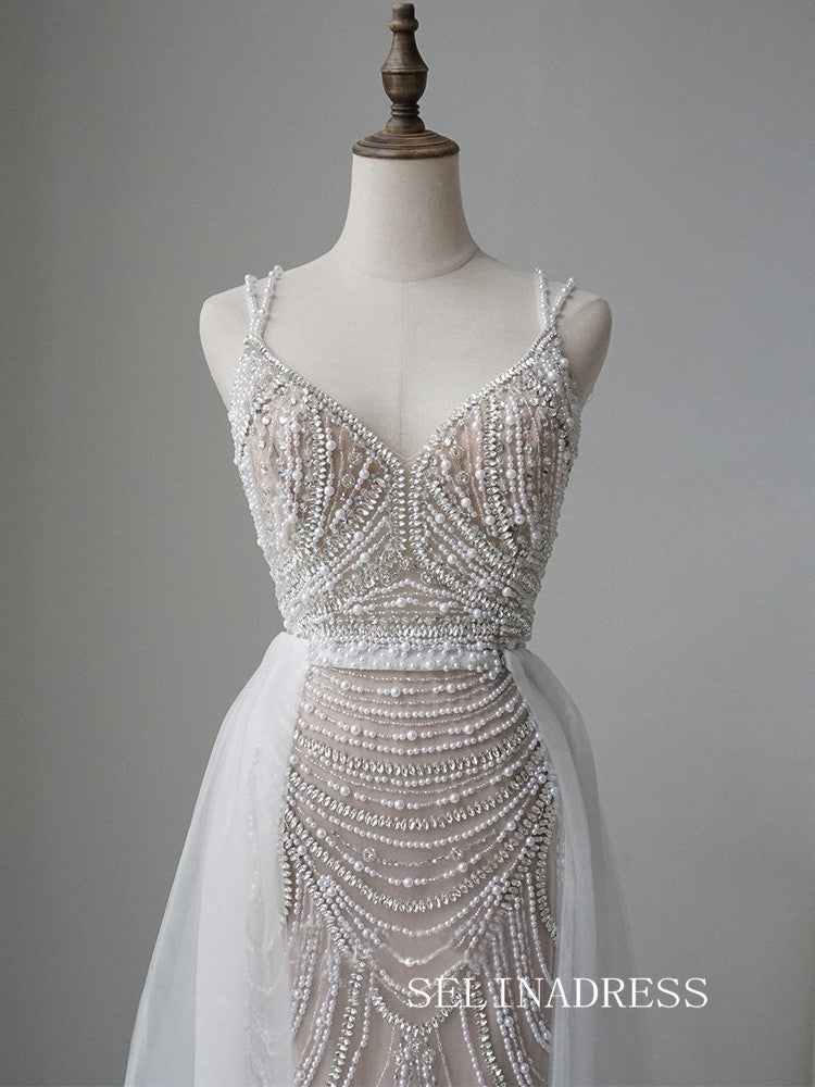 Luxury Spaghetti Straps Beaded Long Prom Dress With Skirt Elegant Evening Gowns CRN013|Selinadress