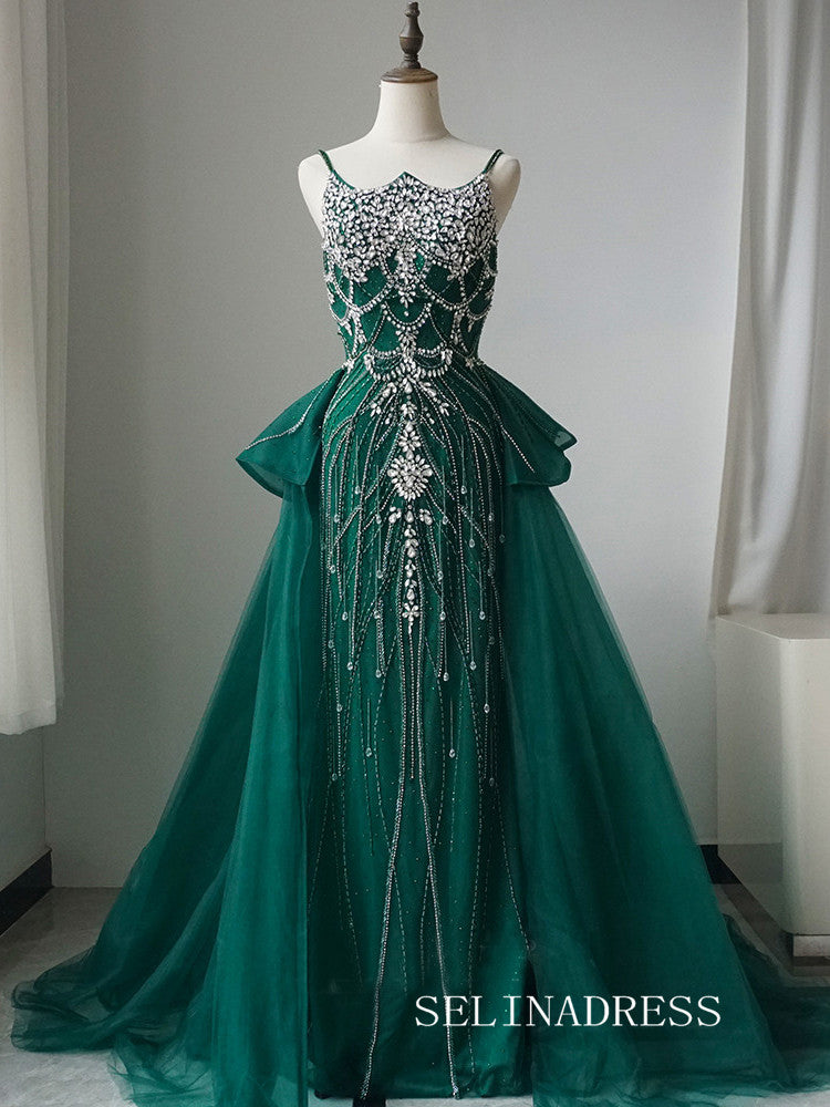 Luxury Spaghetti Straps Green Long Prom Dress With Skirt Elegant Evening Gowns CRN017|Selinadress