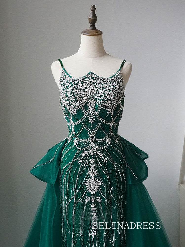 Luxury Spaghetti Straps Green Long Prom Dress With Skirt Elegant Evening Gowns CRN017|Selinadress