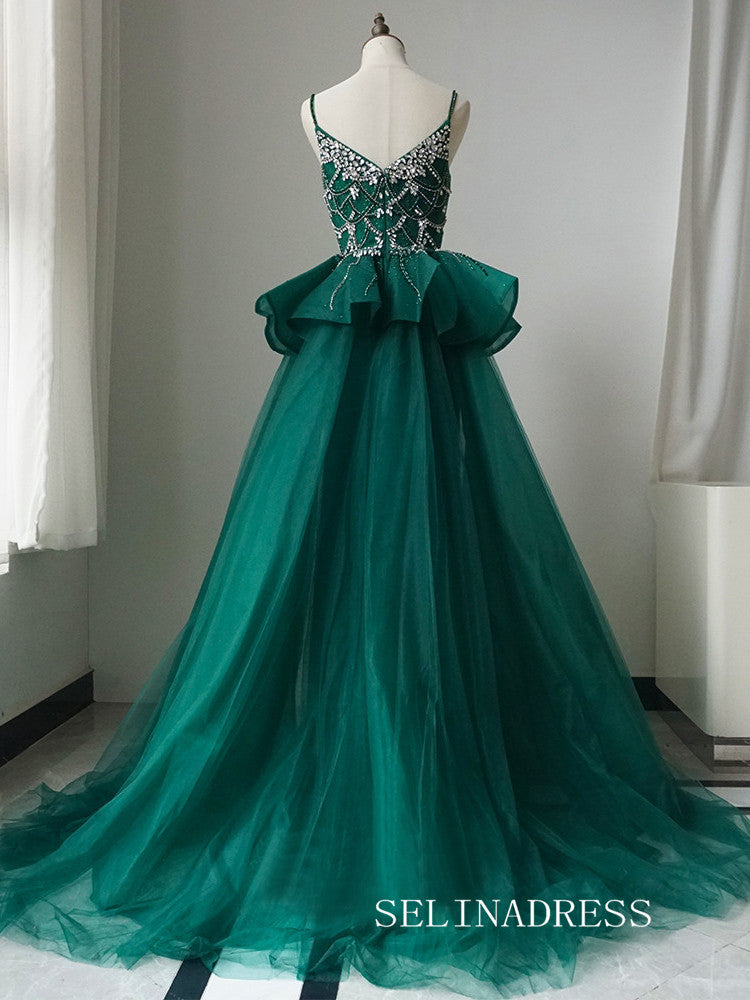 Luxury Spaghetti Straps Green Long Prom Dress With Skirt Elegant Evening Gowns CRN017|Selinadress