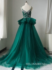 Luxury Spaghetti Straps Green Long Prom Dress With Skirt Elegant Evening Gowns CRN017|Selinadress