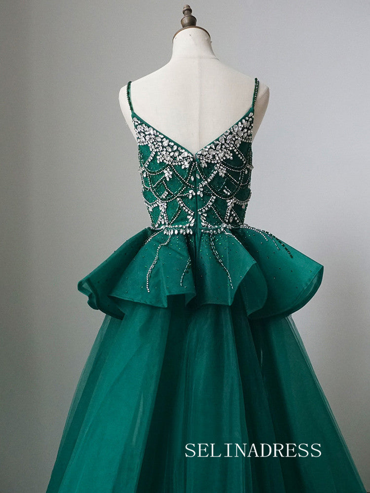 Luxury Spaghetti Straps Green Long Prom Dress With Skirt Elegant Evening Gowns CRN017|Selinadress