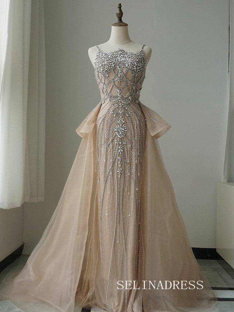 Luxury Spaghetti Straps Green Long Prom Dress With Skirt Elegant Evening Gowns CRN017|Selinadress