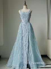 Luxury Square Neck Long Prom Dress Beaded Green Evening Gowns CRN010|Selinadress