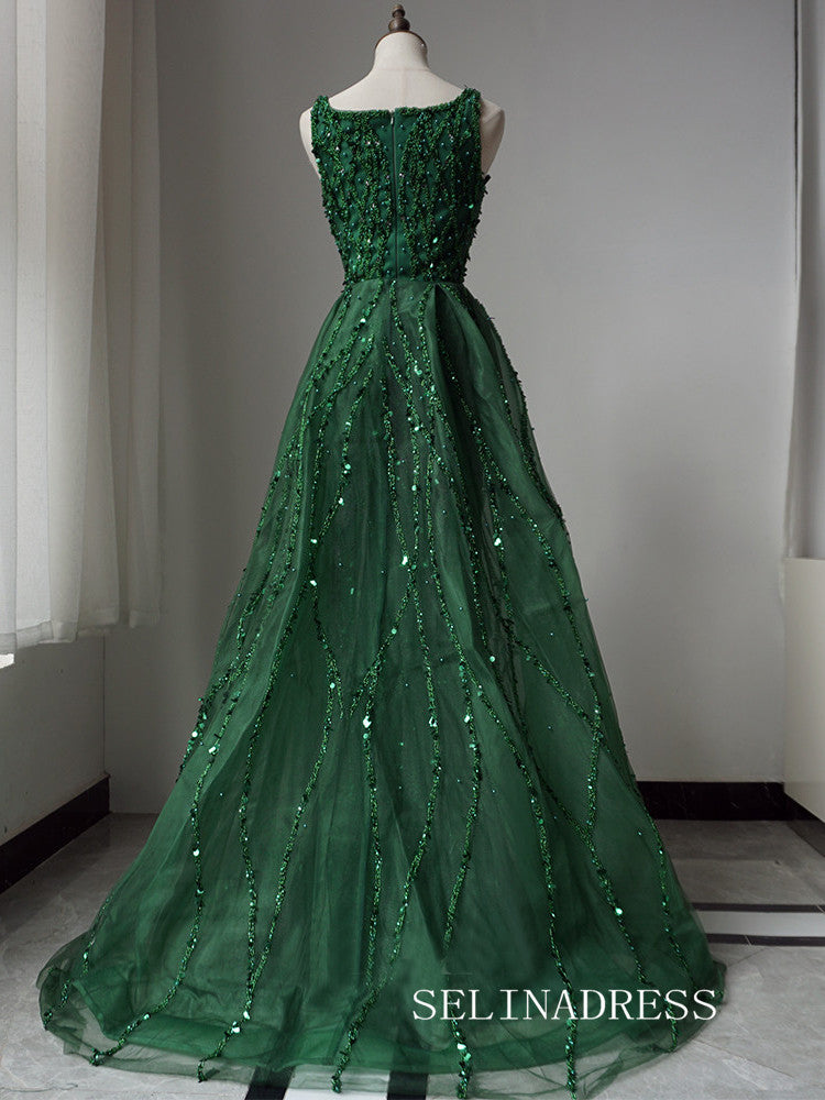 Luxury Square Neck Long Prom Dress Beaded Green Evening Gowns CRN010|Selinadress