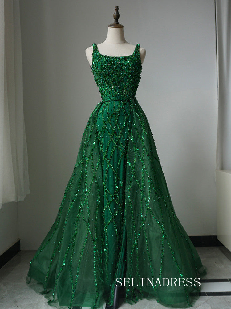 Luxury Square Neck Long Prom Dress Beaded Green Evening Gowns CRN010|Selinadress