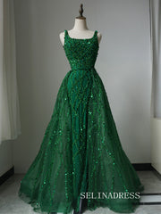 Luxury Square Neck Long Prom Dress Beaded Green Evening Gowns CRN010|Selinadress