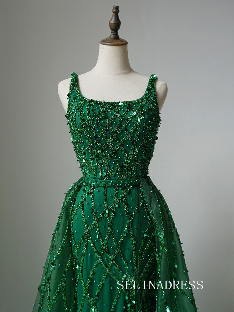 Luxury Square Neck Long Prom Dress Beaded Green Evening Gowns CRN010|Selinadress