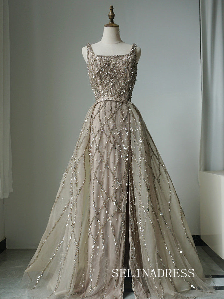 Luxury Square Neck Long Prom Dress Beaded Green Evening Gowns CRN010|Selinadress