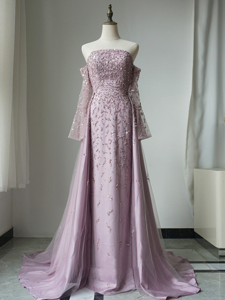 Luxury Strapless Long Sleeve Beaded Long Prom Dress Pink Evening Gowns CRN007|Selinadress