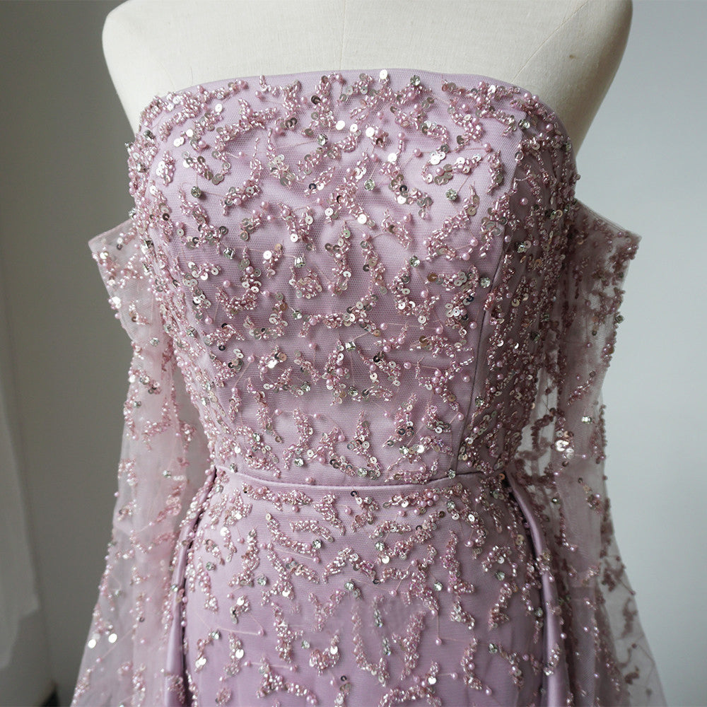 Luxury Strapless Long Sleeve Beaded Long Prom Dress Pink Evening Gowns CRN007|Selinadress