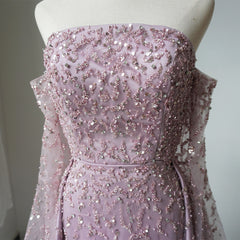 Luxury Strapless Long Sleeve Beaded Long Prom Dress Pink Evening Gowns CRN007|Selinadress