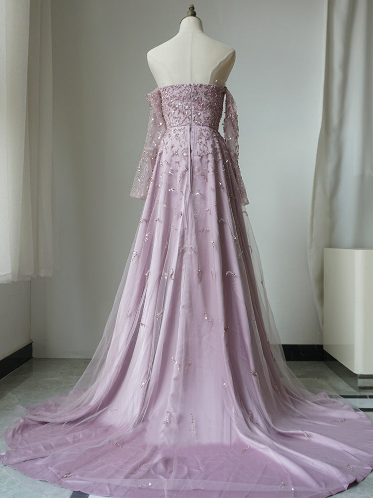 Luxury Strapless Long Sleeve Beaded Long Prom Dress Pink Evening Gowns CRN007|Selinadress