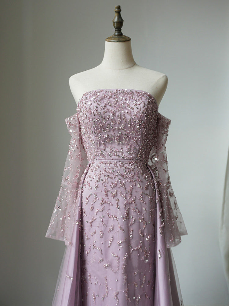 Luxury Strapless Long Sleeve Beaded Long Prom Dress Pink Evening Gowns CRN007|Selinadress