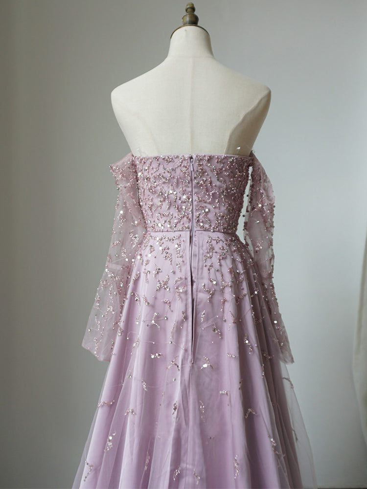 Luxury Strapless Long Sleeve Beaded Long Prom Dress Pink Evening Gowns CRN007|Selinadress