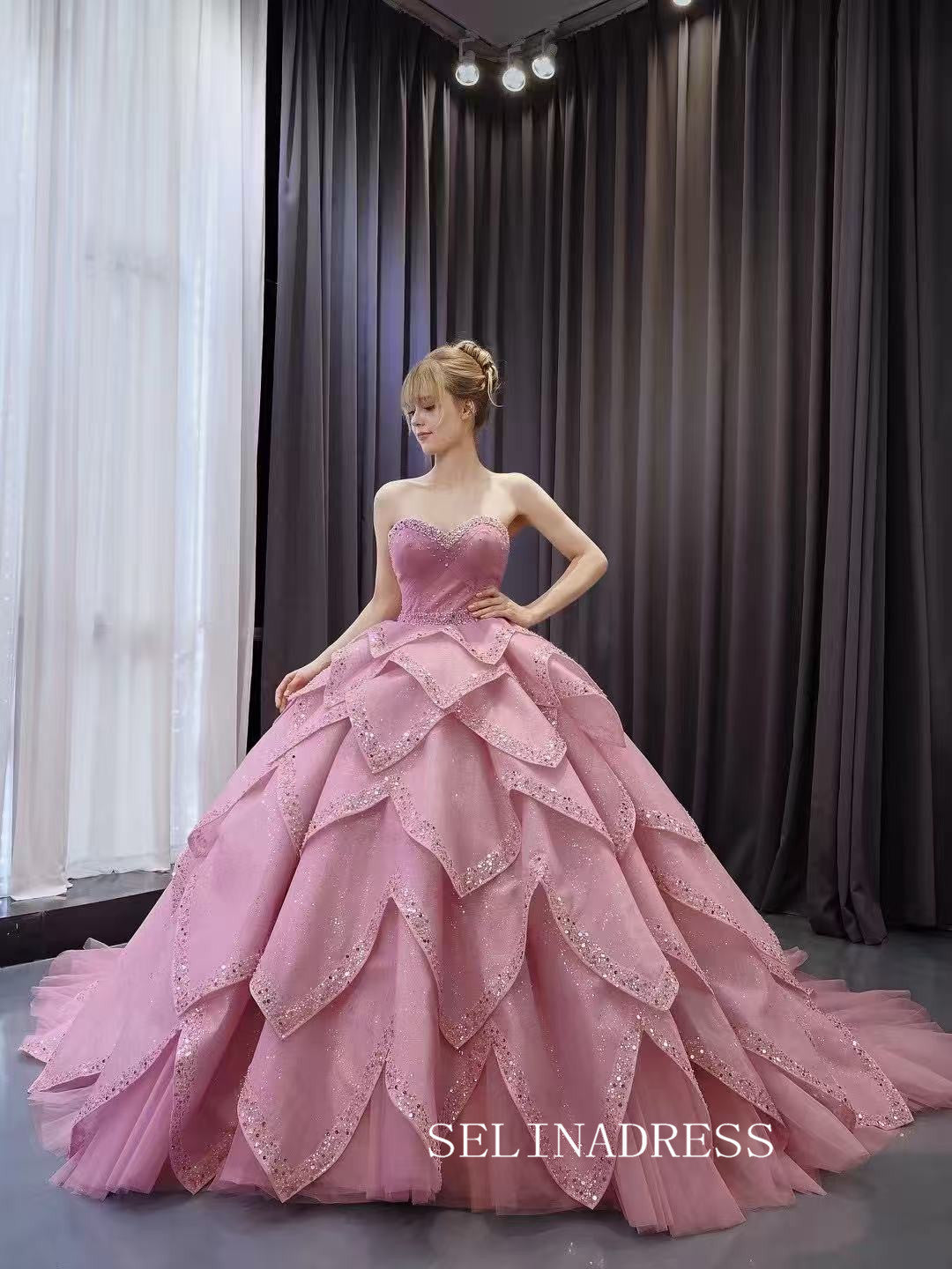 Luxury Sweetheart Pink Ball Gown Muti Layered Long Prom Dress Quincess Dress 241160|Selinadress