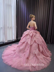Luxury Sweetheart Pink Ball Gown Muti Layered Long Prom Dress Quincess Dress 241160|Selinadress