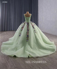 Luxury V neck Green Ball Gown With Beaded Long Prom Dress Quincess Dress 251092|Selinadress