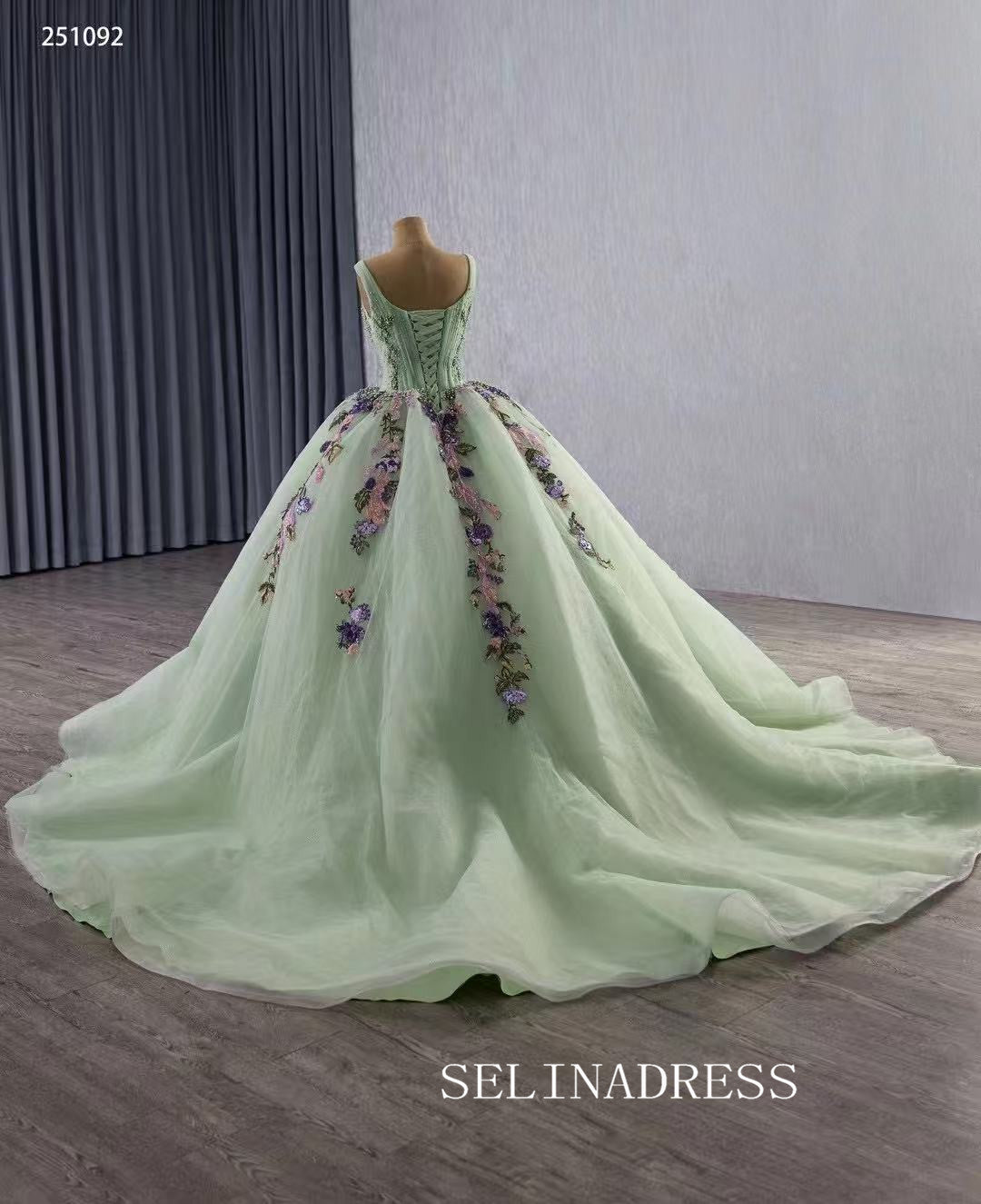 Luxury V neck Green Ball Gown With Beaded Long Prom Dress Quincess Dress 251092|Selinadress
