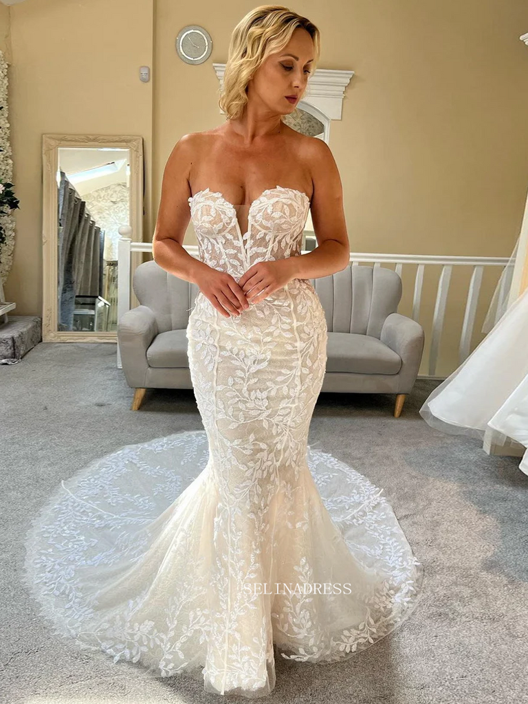 Mermaid Applique Lace Cheap Boho Wedding Dresses Bridal Dresses EWR907 –  SELINADRESS