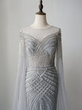 Mermaid Beaded Long Prom Dresses Luxury Silver Evening Gown Formal Dresses FUE003